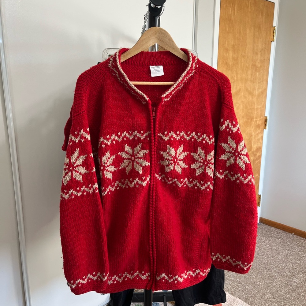 Red Snowflake 100% Wool Handmade Cardigan Sweater